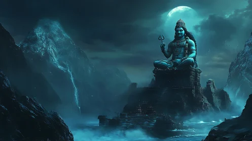 Moonlit mountain temple with serene cosmic guardian.