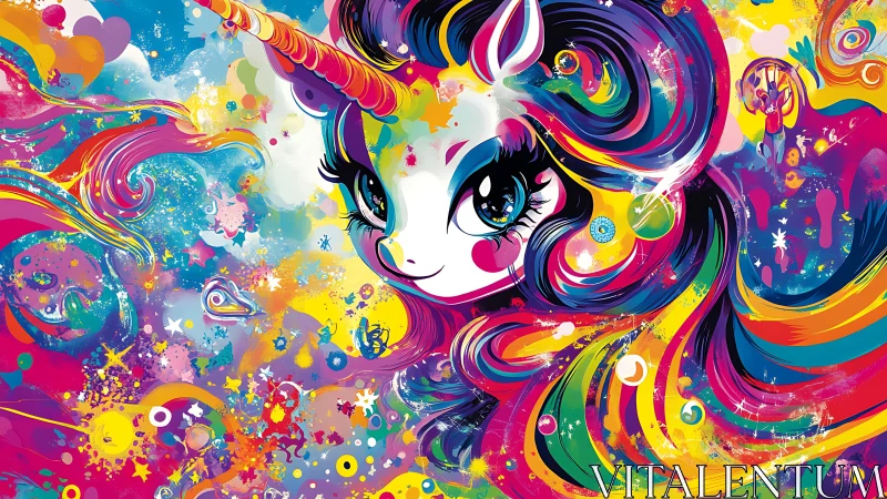 High-saturation vector unicorn portrait with swirling chromatic motion