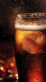 Tall chilled beer glass stands upright with condensation