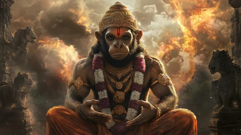 Divine monkey warrior sits in ornate temple ruins amid fire