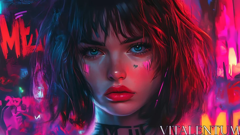 Neon cyberpunk portrait shows intense gaze and electric color.