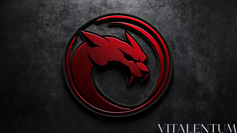 Embossed red dragon emblem with metallic rim on textured stone