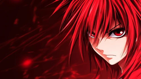 Intense red haired anime portrait with dynamic glowing bokeh.