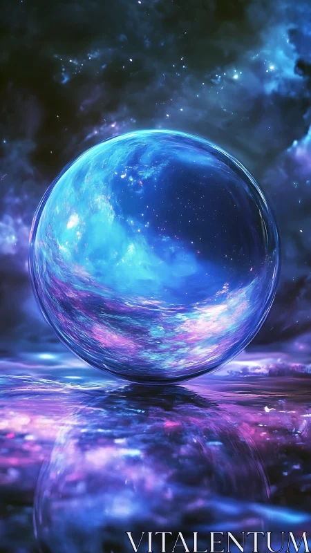 Luminous spherical object over reflective cosmic surface.