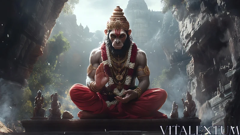 Monkey-headed deity sits in lotus pose inside rocky temple