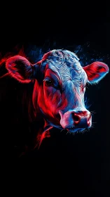 Neon twilight cow portrait glowing against deep night sky.