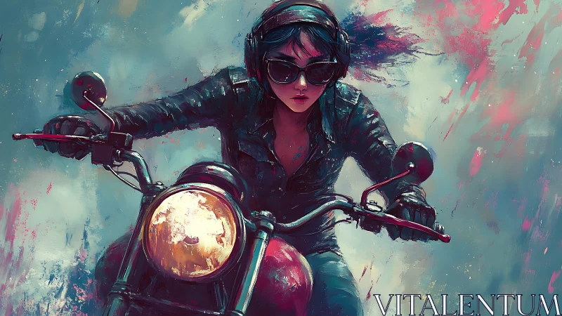 Dynamic digital painting of biker girl in kinetic motion blur.