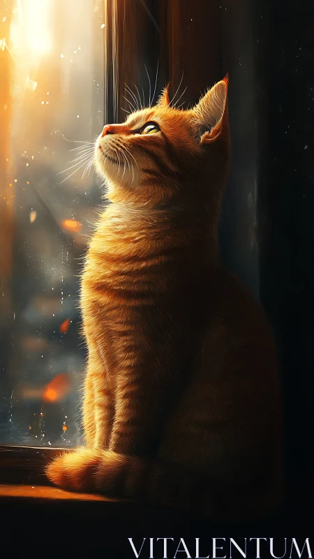 Golden Feline Contemplation: Luminous Cat Gazing Upward in Dramatic Light