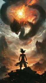 Solitary martial figure under serpentine fire entity in sky.