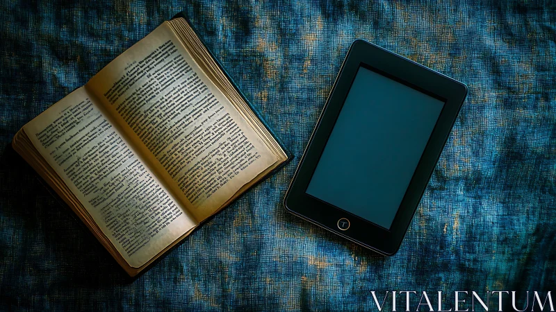 Aged printed book and powered-off tablet device contrast formats