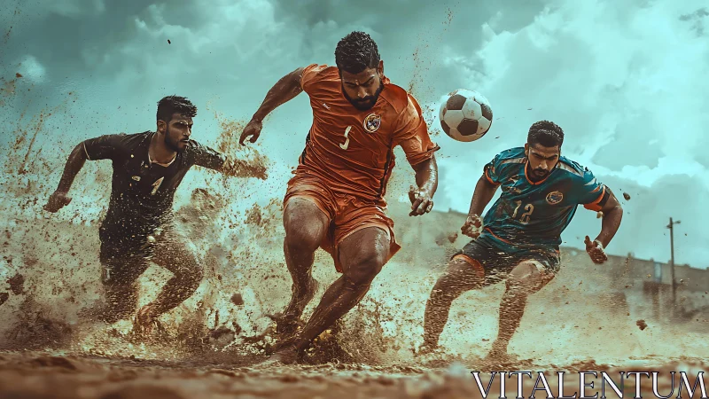 Mud-splattered football warriors chase glory in stormy light.