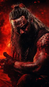 Warrior with bloodstained face crouches before fiery backdrop