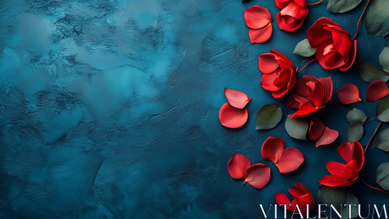 Red Rose Petals on Textured Teal Background Surface.