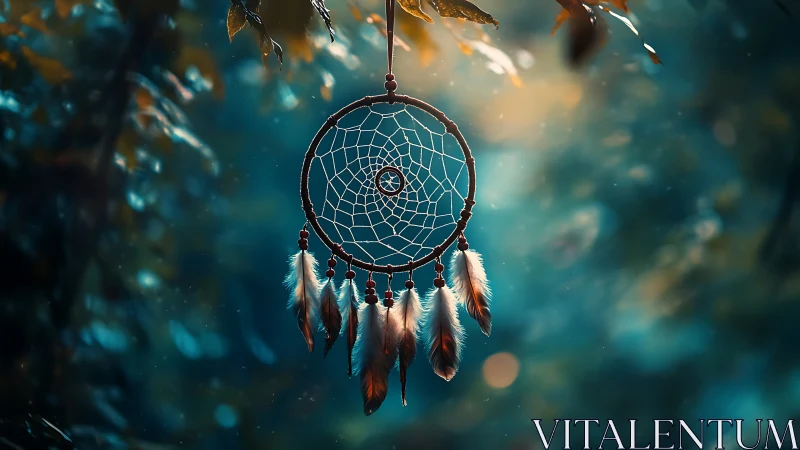 Dreamcatcher with teal bokeh lighting in tranquil forest.