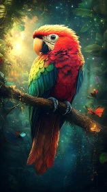 Vibrant macaw rests in a glowing, enchanted jungle realm