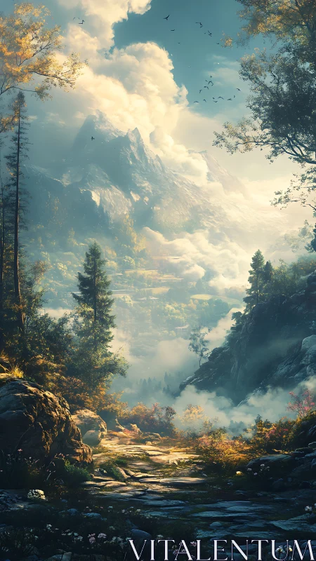 Mountain valley landscape shows rocky path under misty peaks