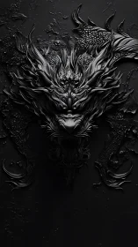 Monochrome embossed dragon mask with baroque textural relief