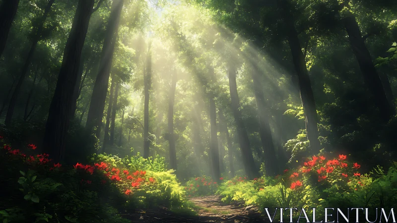 Sunlit forest path through tall trees and red flowers.