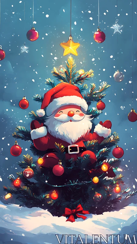 Santa sitting inside decorated Christmas tree in snow