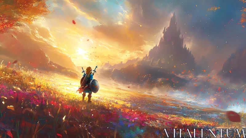 Lone dawnbound hero gazes toward emberlit crystal citadel.