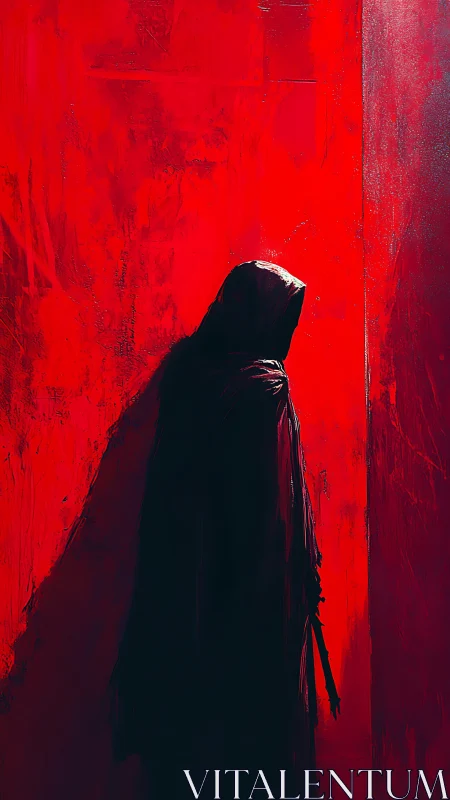 Hooded wanderer resting inside a storm of electric red.