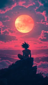 Silhouetted figure on cliff beneath large red sun sky.