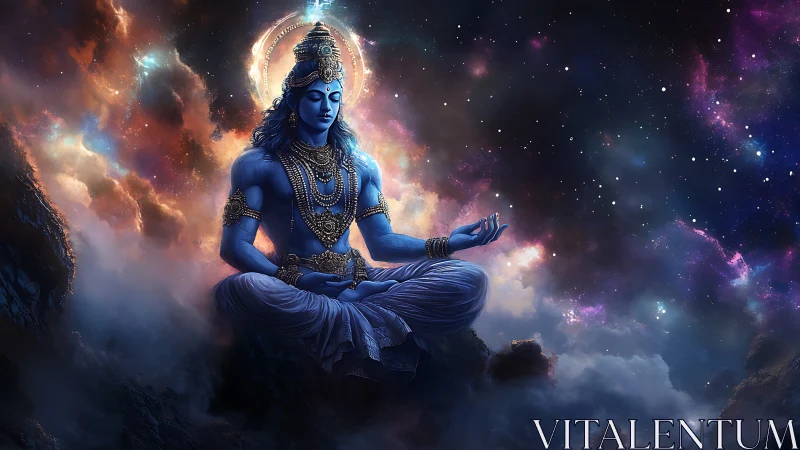 Cosmic blue yogi in stellar nebula meditation fieldscape.