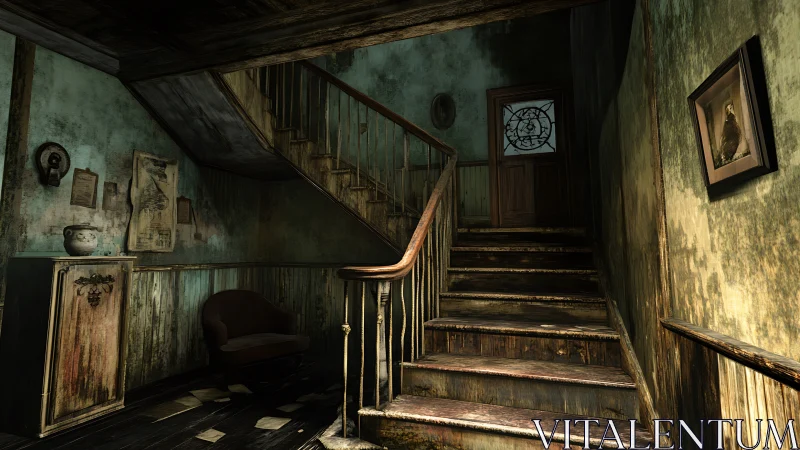 Decaying wooden staircase under moody, directional light. Period.