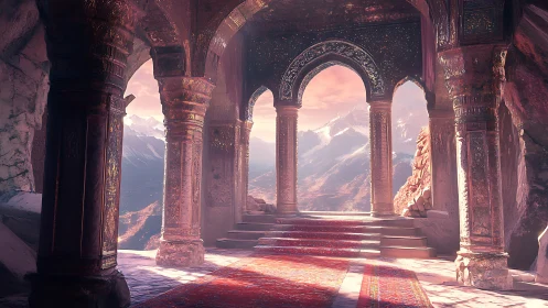 Sunlit carved stone terrace overlooks distant snowy mountains