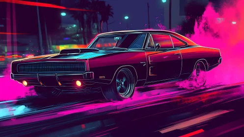 Neon city muscle car cruising through a bold pink night.