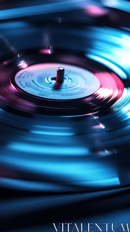 Spinning vinyl record reflects neon blue and pink light