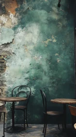 Rustic caf&eacute; corner shows weathered teal wall and chairs