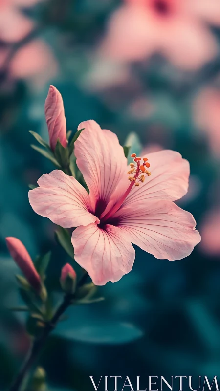 Pink Hibiscus Blooms Against Teal Bokeh Garden Background.