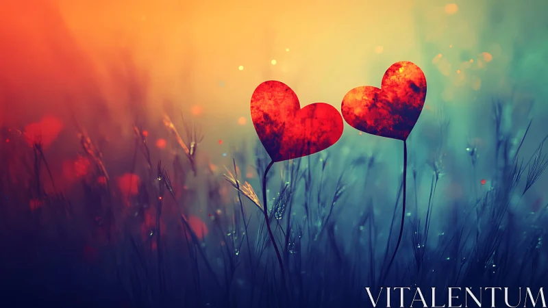 Heart-Shaped Flowers Against Golden Sunset Gradient with Bokeh.