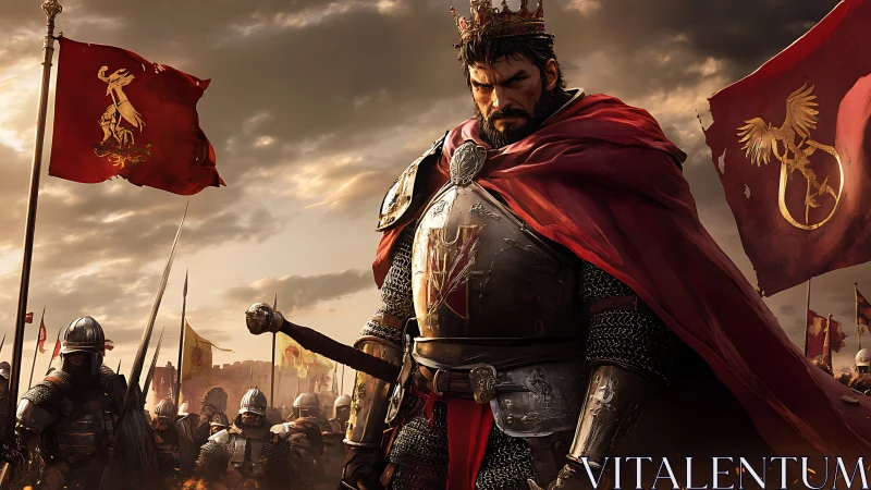 Battle-worn king in crimson cloak commanding armored host.