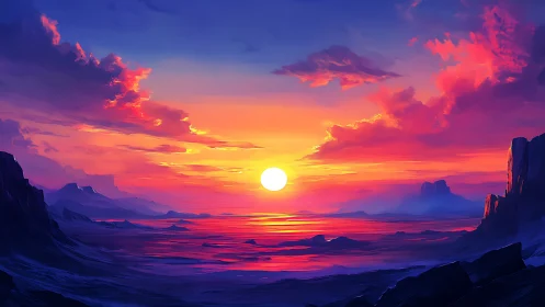 Radiant alien sunset spreads vivid light across still sea.