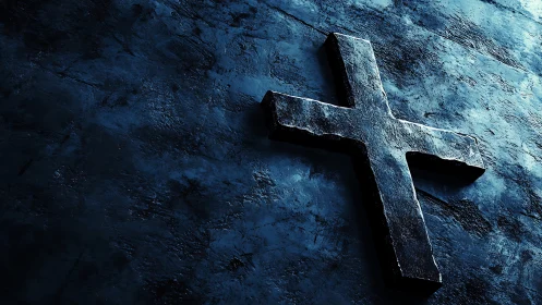 Weathered stone cross glowing over storm blue concrete.