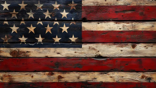 Weathered American flag painted across rough wooden planks