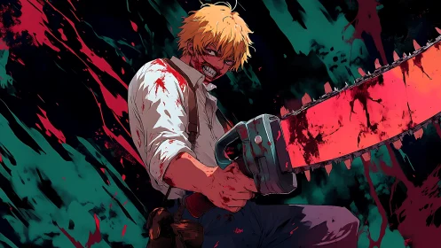 Blood-soaked anime fighter wielding massive chainsaw blade.