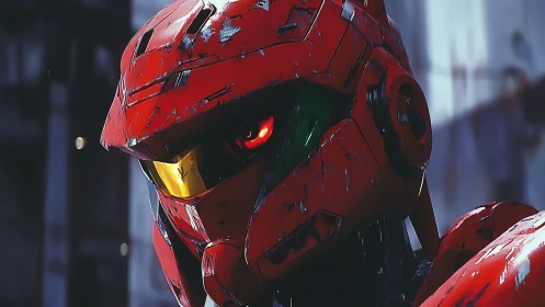 Scarred red mech tilts its visor toward the coming storm