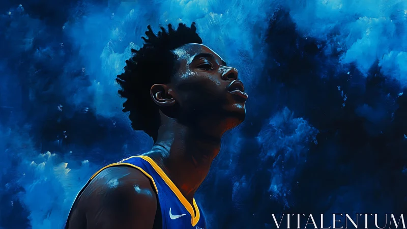 Basketball player portrait against abstract blue background.