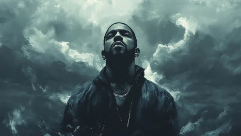 Moody digital portrait isolates a lone man against storm clouds