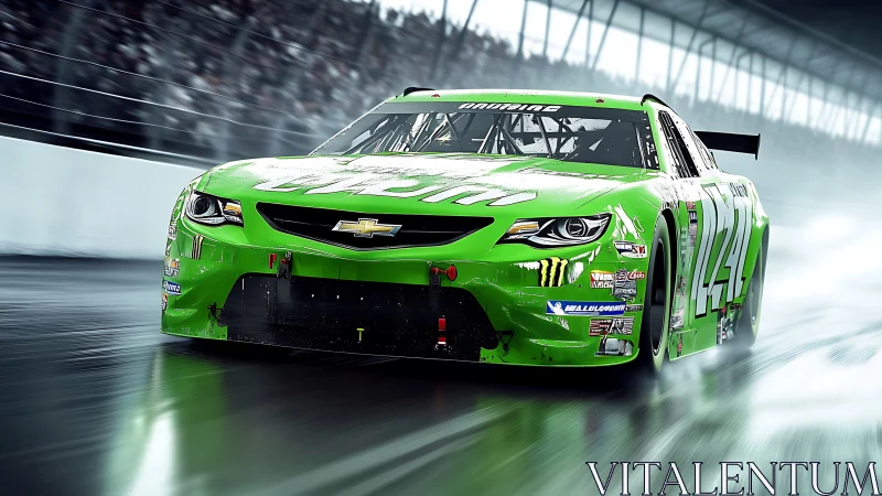 Green stock car racing hard on wet speedway track.