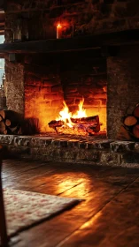 Ancient Hearth Ablaze: Stone Fireplace Roars with Golden Warmth.