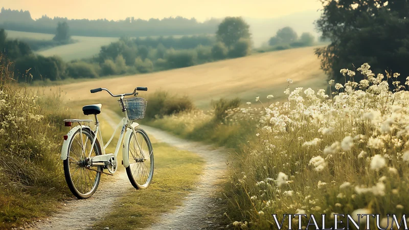 Cream bicycle dreams through rolling countryside wildflower realm