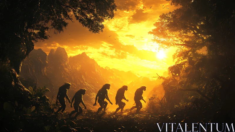 Dawnlit ancestors stride through molten-gold primordial jungle.