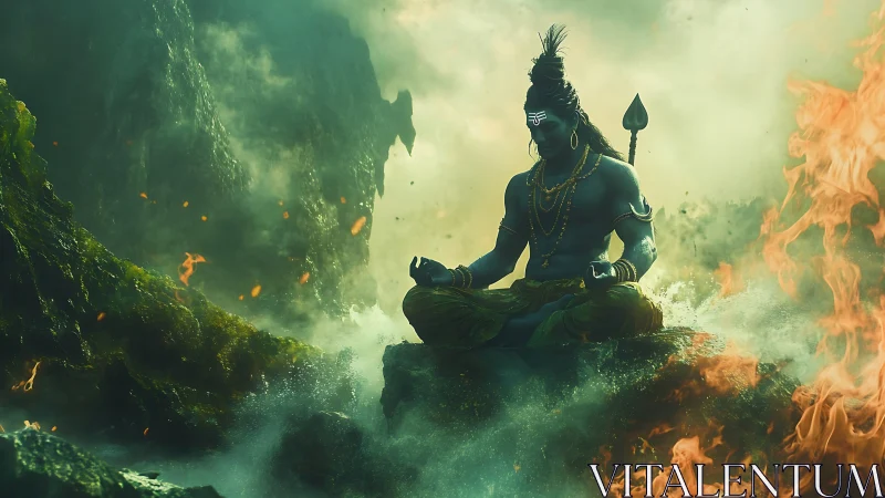 Meditating blue deity holds calm at the edge of wildfire.