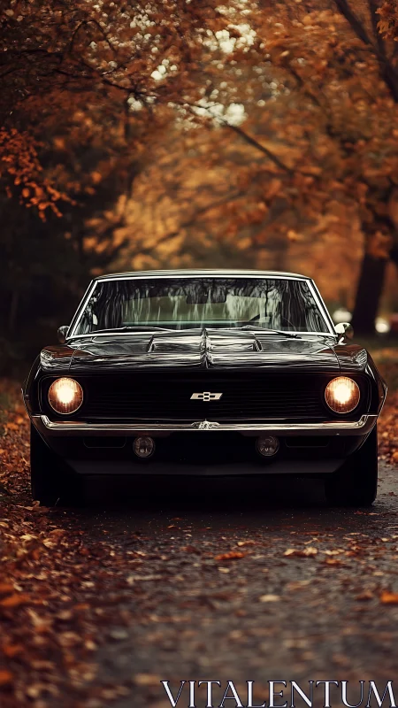Autumn-draped muscle car stares down the winding leaf road
