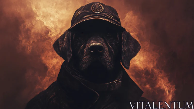 Canine sentinel in paramilitary coat amid combustion haze.