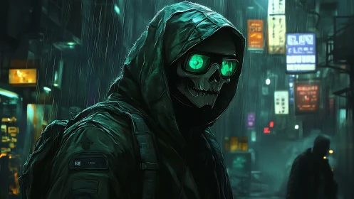Neon reaper stalks rain-slick cyberpunk back alley nightscape.
